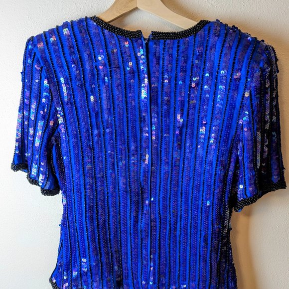 Vintage Stenay Blue Silk Sequined Top Size PL - Picture 6 of 7